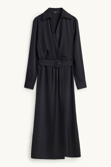 Damen - Satin-Wickelkleid mit Gürtel - Straight Fit - schwarz
