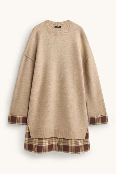Dames - Gebreide jurk - straight fit - 2-in-1-look - beige / bruin