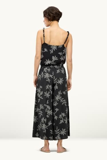 Dona - Pantalons de tela - high waist - wide leg - de flors - negre