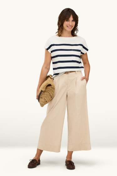 Damen - Crop Stoffhose mit Gürtel - High Waist - Wide Leg - beige