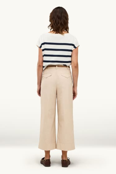 Damen - Crop Stoffhose mit Gürtel - High Waist - Wide Leg - beige