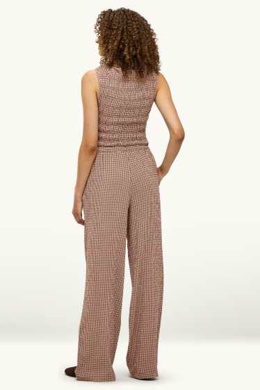 Women - Cloth trousers - mid-rise waist - wide leg - check - brown