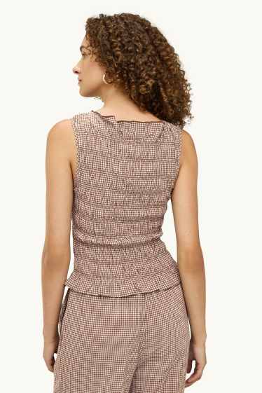 Dames - Top - geruit - gesmokt - bruin / beige