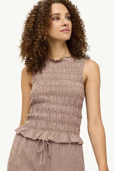 Dames - Top - geruit - gesmokt - bruin / beige