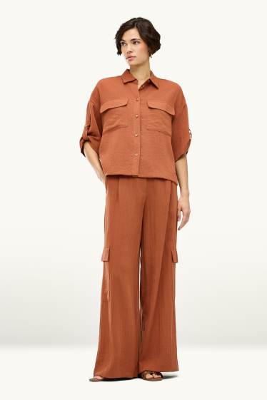 Women - Cargo trousers - high waist - wide leg - orange