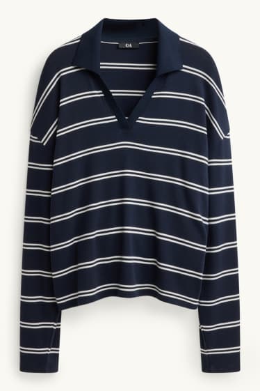 Femei - Tricou cu mânecă lungă cu decolteu în V - regular fit - cu dungi - albastru închis / alb