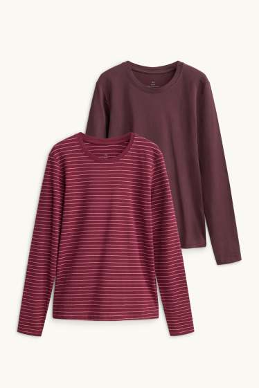 Dona - Paquet de 2 - samarreta de mànigues llargues - slim fit - bordeus/blanc
