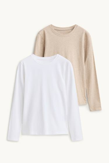 Damen - Multipack 2er - Langarmshirt - Slim Fit - weiss / beige