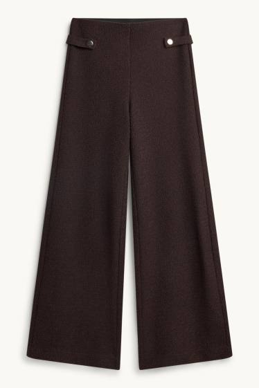 Femei - Pantaloni bouclé - talie înaltă - wide leg - maro închis