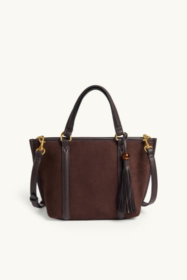 Women - Large shopper with detachable bag strap - faux suede - dark brown