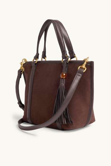 Women - Large shopper with detachable bag strap - faux suede - dark brown