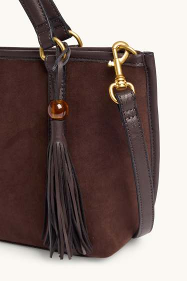 Women - Large shopper with detachable bag strap - faux suede - dark brown