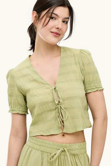 Damen - Crop Bluse - gesmokt - hellgrün