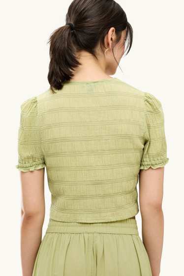 Damen - Crop Bluse - gesmokt - hellgrün