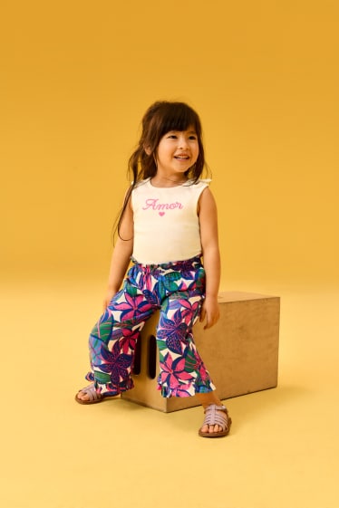 Enfants filles - Fleur - ensemble - haut et pantalon en tissu - 2 pièces - blanc / rose