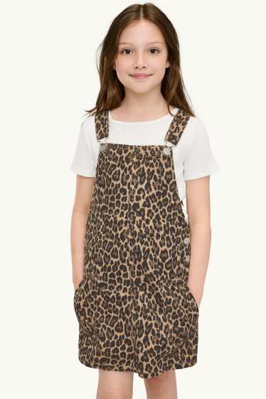 Kinder Mädchen - Set - Kurzarmshirt und Jeans-Latzkleid - 2 teilig - braun / cremeweiss