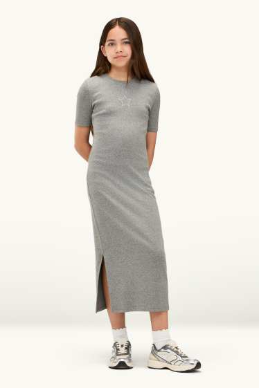 Enfants filles - Étoile - robe avec pierres de strass - finition côtelée - gris