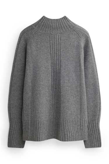 Femmes - Pull à col montant, contenant du cachemire - laine mélangée - gris chiné