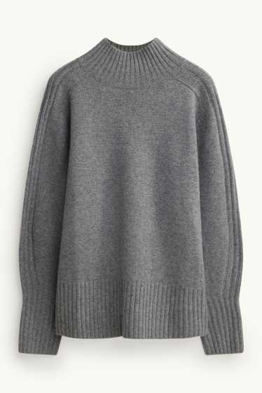 Femmes - Pull à col montant, contenant du cachemire - laine mélangée - gris chiné