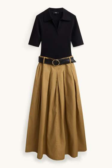 Femmes - Robe Fit & Flare dotée d'une ceinture et à col V - noir / beige