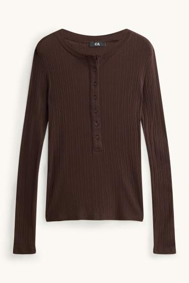 Dona - Samarreta d’estil henley - slim fit - acanalada - marró fosc