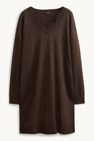 Femmes - Robe de maille à col V - straight fit - marron foncé