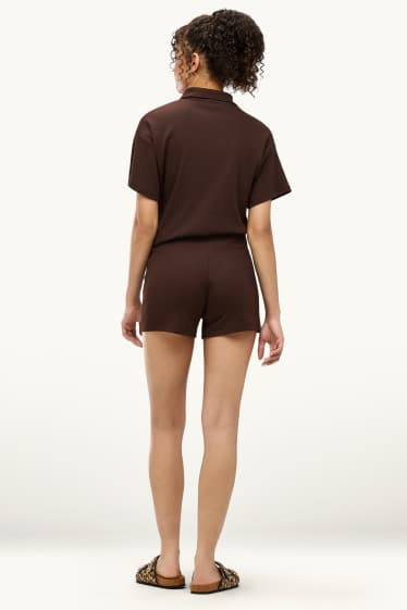 Femmes - Short - mid waist - finition côtelée - marron foncé