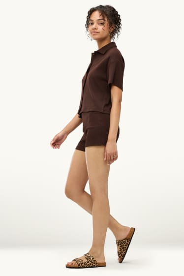 Femmes - Short - mid waist - finition côtelée - marron foncé