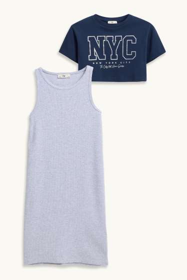 Kinder Mädchen - NYC - Set - Kurzarmshirt und Kleid - 2 teilig - Glanz-Effekt - blau / grau