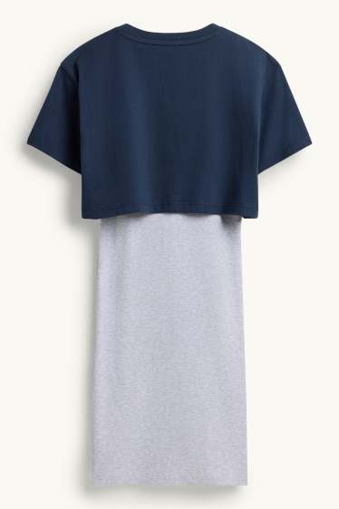 Kinder Mädchen - NYC - Set - Kurzarmshirt und Kleid - 2 teilig - Glanz-Effekt - blau / grau