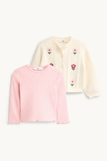 Enfants filles - Fleurs - ensemble - gilet de maille et haut à manches longues - 2 pièces - blanc crème