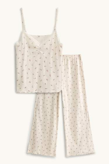 Damen - Pointelle-Pyjama - geblümt - cremeweiss