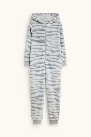 Children Girls - Fleece onesie with hood - white / gray