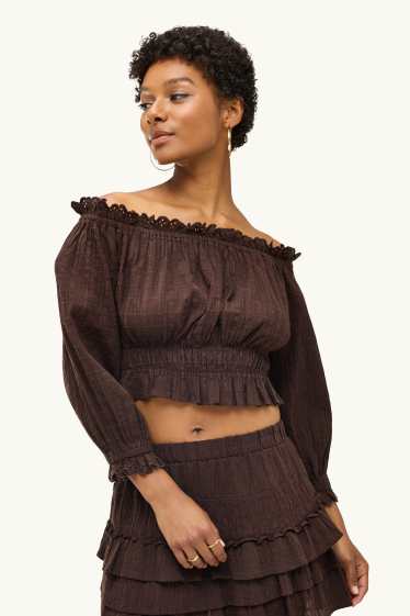 Dames - Korte blouse - gesmokt - donkerbruin