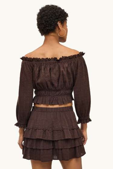 Dames - Korte blouse - gesmokt - donkerbruin
