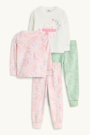 Enfants filles - Lot de 2 - chouette et fleurs - pyjamas - 4 pièces - blanc / rose