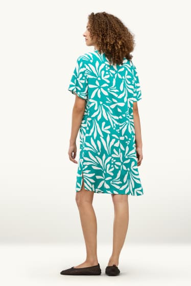 Donna - Vestito con collo a V - a fiori - bianco / turchese