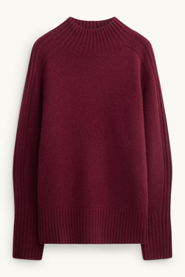 Femmes - Pull à col montant, contenant du cachemire - laine mélangée - bordeaux