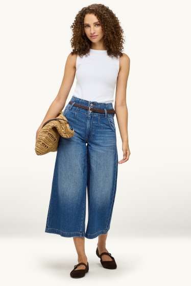 Femei - Culotte jeans cu curea - talie înaltă - wide leg - denim-albastru