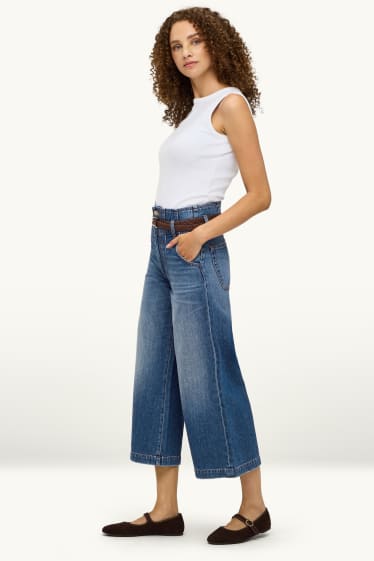 Femei - Culotte jeans cu curea - talie înaltă - wide leg - denim-albastru