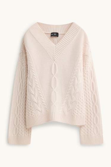 Femmes - Pull avec encolure V contenant du cachemire - laine mélangée - rose tendre