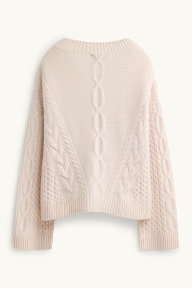 Femmes - Pull avec encolure V contenant du cachemire - laine mélangée - rose tendre