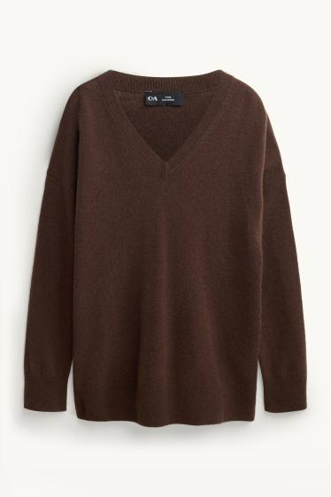 Femmes - Pull en cachemire avec encolure en V - marron foncé