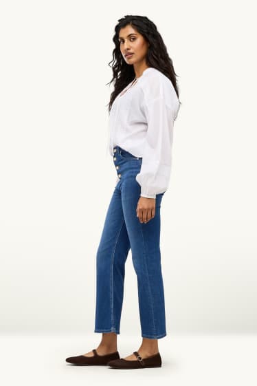 Dames - Kortere flared jeans - high waist - jeansdonkerblauw