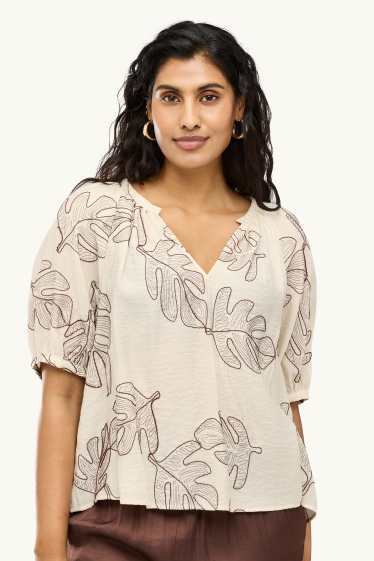 Damen - Bluse mit V-Ausschnitt - gemustert - cremefarben