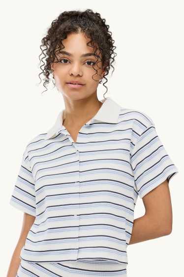 Damen - Poloshirt - Slim Fit - gestreift - gerippt - weiß / blau