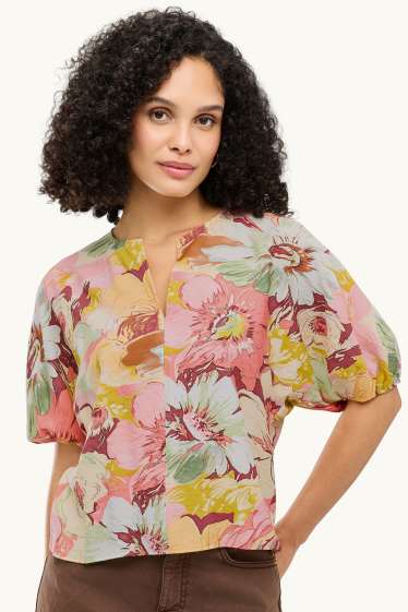 Femmes - Chemisier à col V - à fleurs - rose