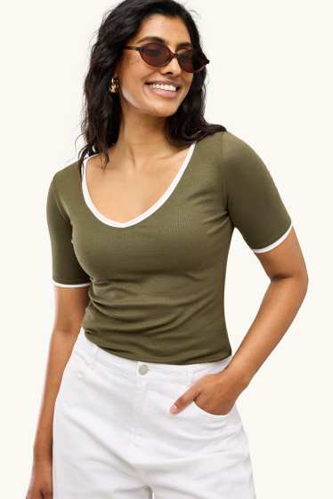 Women - V-neck T-shirt - regular fit - 2-in-1 look - khaki