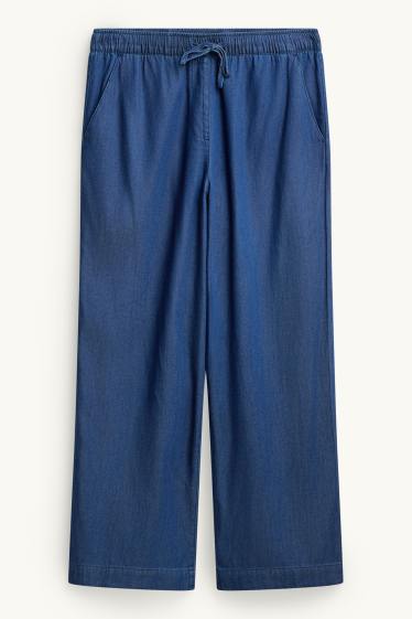 Donna - Pantaloni di stoffa - vita alta - gamba ampia - effetto jeans - jeans blu