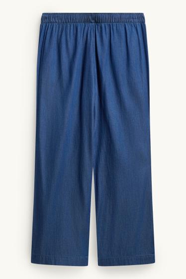 Donna - Pantaloni di stoffa - vita alta - gamba ampia - effetto jeans - jeans blu